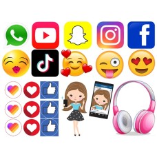 FEMMEMOJI22Z Fata cu telefon si emoji Tik-Tok Facebook Yahoo imagine comestibila din zahar pentru tort 29x20cm